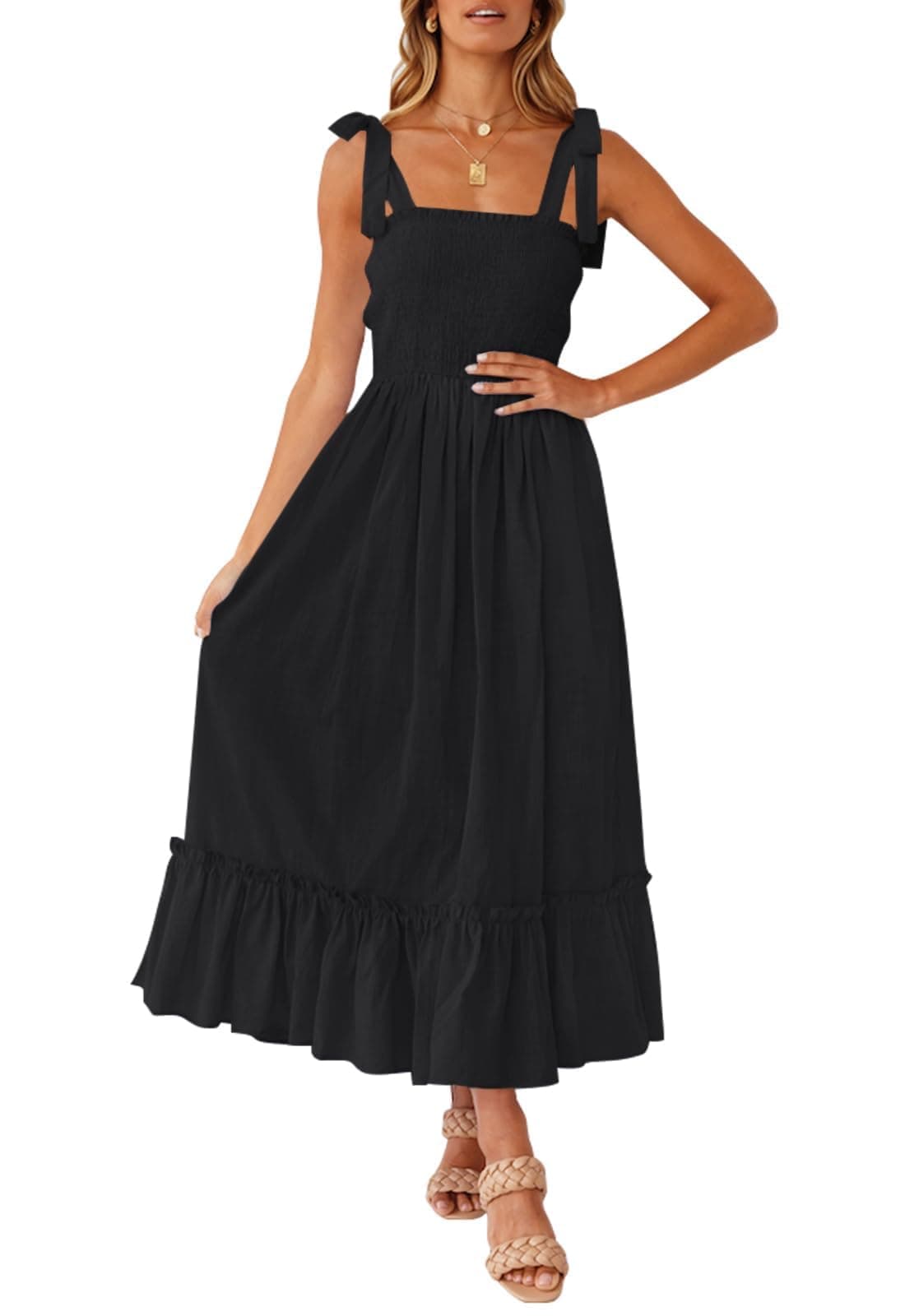 ZESICA Womens 2025 Summer Boho Spaghetti Strap Square Neck Solid Color Ruffle A Line Beach Long Maxi DressBlackSmall