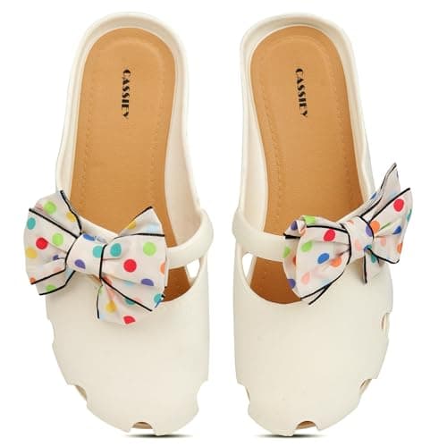 CASSIEY Fashion Slippers For Women slipper Printed Bow design Slip on Flat Sandals- Cream