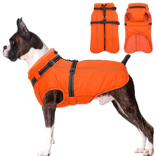 Lelepet Dog Winter Coat Waterproof Dog Jacket with Harness Built in Windproof Reflective Pet Coats for Small Medium Large Dogs Thermal Fleece Lined Coats for Cold Weather Walking Hiking Orange L