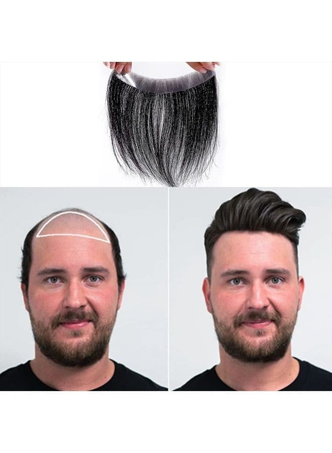 Frontal Hairpiece for Men Jet Black Hair Extension Hairline Loss Straight Tape in Human Hair Toppers Replacement Toupee (0.78"x6.3", Jet Black)