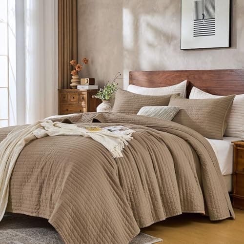 DOWN HOME Queen Quilt Bedding Set with Shams, Vintage Washed Soft Quilted Blanket Thin Comforter Lightweight Bedspread Coverlet Bed Cover, Brushed Microfiber Stripe Stitching, Brown, 86"x90"