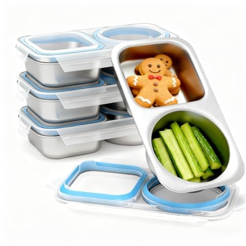 Bakpoco 4 Packs Stainless Steel Snack Containers For Kids Adults, 2 Compartment Reusable Metal Snack Boxes With Leak-Proof Lids, Compact Lunch Food Storage Container