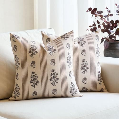 Amor Virisso Floral Throw Pillow Covers 22x22 Set of 2 Block Print Pillow Covers Neutral Floral Striped Farmhouse Decorative Pillow Covers for Sofa Couch Bed Brown