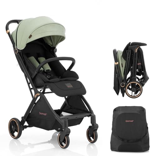 Gromast Gravity Folding Baby Stroller - Portable Travel Toddler Stroller w/Adjustable Backrest & Canopy, Cup Holder, Lightweight and UV Protected, One-Hand Automatic Folding - Green