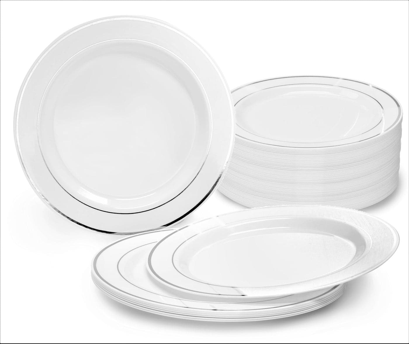 OCCASIONS 120 Plates Pack Heavyweight Disposable Wedding Party Plastic Plates 75 AppetizerDessert Plate White Silver Rim