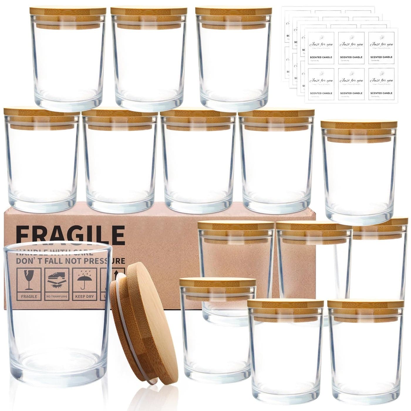 CONNOO 15 Pack 7 OZ Clear Candle Jars with Bamboo Lids Thick Glass Empty Jars for Making Candles Dishwasher Safe in Bulk