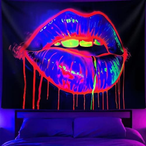 TUGCAY Lips Black Light Tapestry, Blacklight Tapestry UV Reactive Lip Flowing with Liquid Tapestries Wall Hanging for Bedroom Dorm Decor(51.2 x 59.1 Inches)