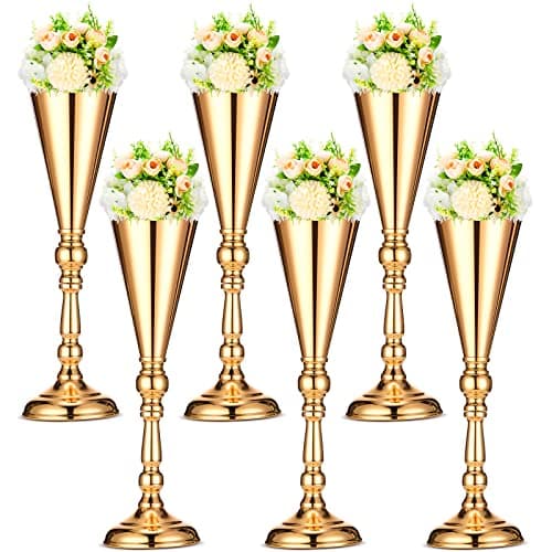 Potchen 6 Pcs Flower Trumpet Gold Vase Tabletop Centerpiece Gold Tall Flower Vases Bulk Wedding Table Decorative Centerpiece Table Decorations Arrangements for Floral Party Anniversary Birthday(L)