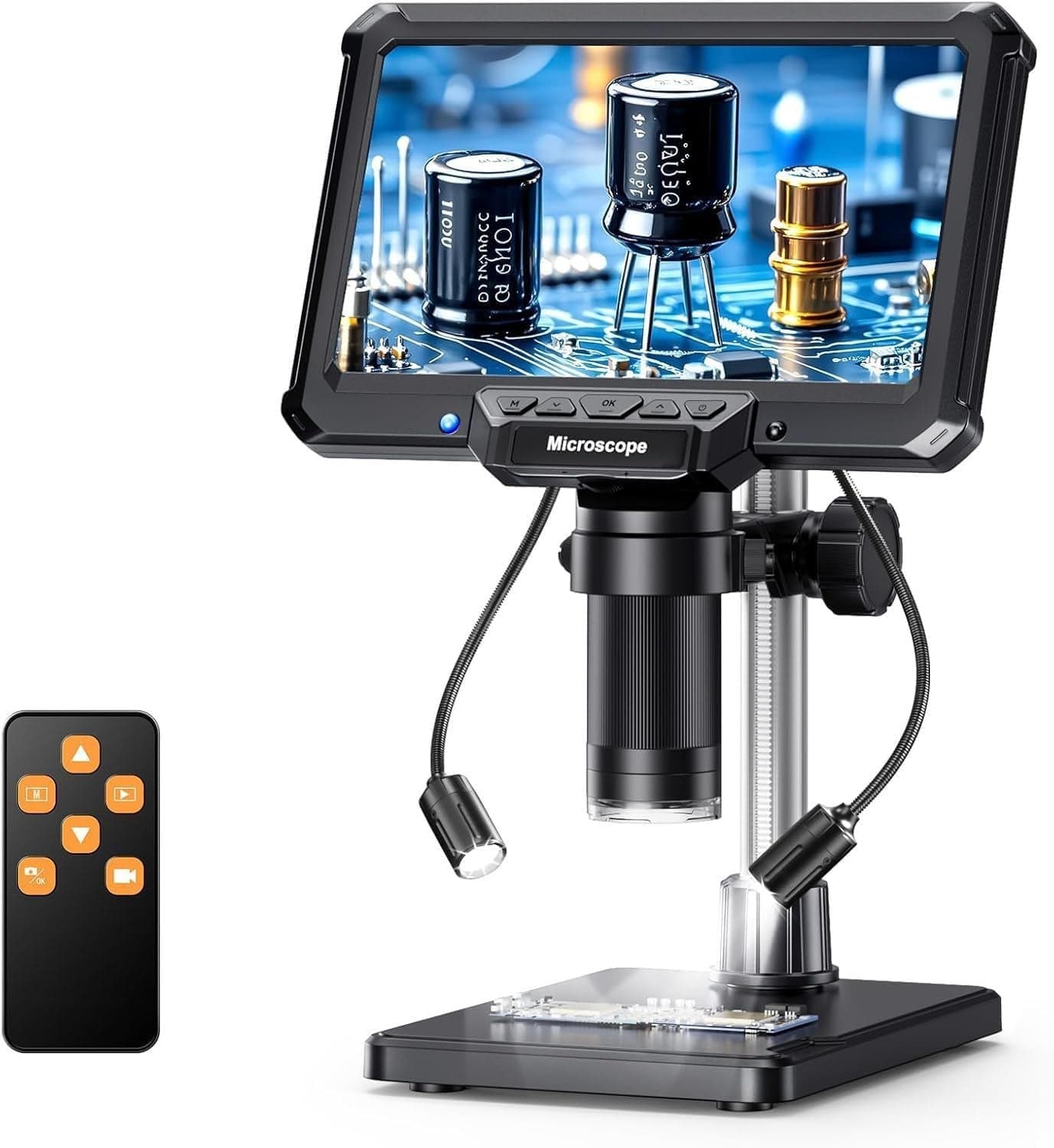ETZIN Digital Microscope 7 Inch IPS Screen, 10X-1200X Magnification, 16MP Camera with Dual LED Lights, Remote Control, Adjustable Stand, USB/Type-C Soldering Microscope for PCB, Coins. EPL-MK7