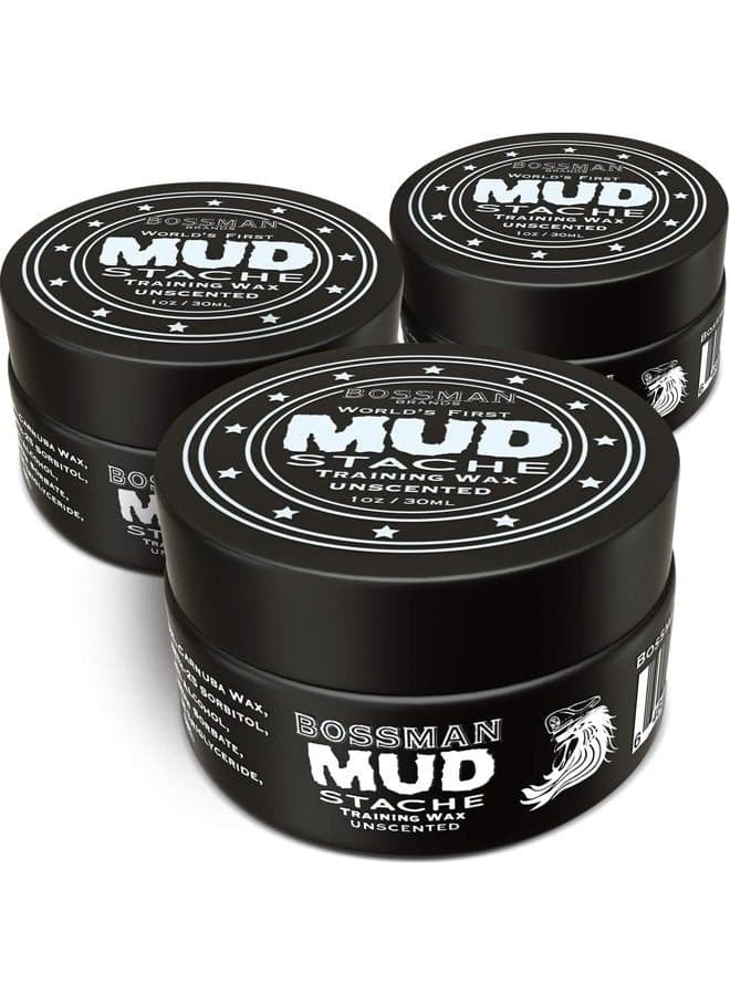 MUDstache Unscented Mustache Wax for Men (1 oz) - 3 Pack - Strong 24-Hour Hold, Non-Tacky & Easy to Apply for Taming & Styling