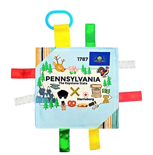 Baby Jack Co 8x8 Learning Lovey Pennsylvania State Tag Stroller Toy for Babies Crinkle Toys for Developing Five Senses Learn About Capitals Travel with Baby Jack BPA Free Clip