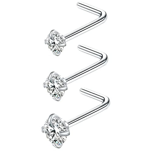VELCARE 3 Pcs Stainless Steel Nose Rings Studs 20 Gauge L Shaped Curved Nose Piercing Jewelry 2mm 2.5mm 3mm Diamond CZ Nose Stud L Bend for Women Piercing - Steel