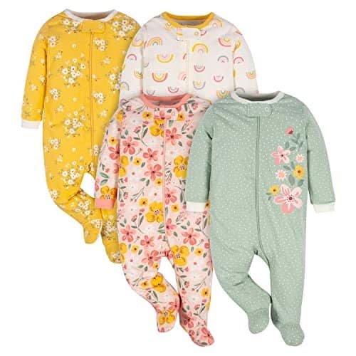Gerber Baby Girls 4 Pack Sleep N Play Footie Golden Floral 69 Months
