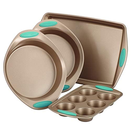 Rachael Ray Cucina Bakeware Set Includes Nonstick Cake Cookie Baking Sheet and Muffin Cupcake Pan, 4 Piece, Latte Brown with Agave Blue Grips