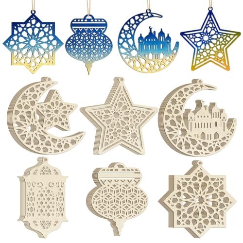 36PCS Wooden Ramadan Decorations Eid Islam Mubarak Ornaments Mubarak Hanging Hollow Pendant to Paint DIY Blank Unfinished Wood Moon Cutouts Crafts Hanging Al Adha Star Lantern for Muslim Festive