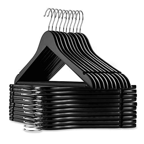 Ash & Roh® - Wooden Suit Hangers with Non Slip Pants Bar Smooth Finish Solid Wood Coat Hanger 360° Swivel Hook Precisely Cut Notches for Camisole, Clothes Hangers (6, BLACK HANGER)