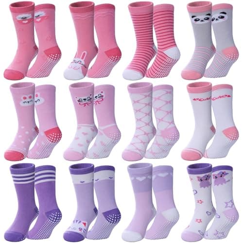 DOSKONI Toddlers Girls Non Slip Animal Grip Socks - 12 Pairs, Crew Cotton Socks with Grippers, 3-5 Year Old