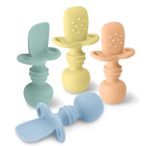 LittleWhispers Baby Silicone Spoons Self Feeding 6 Months Infant Toddler Kid Friendly Utensils First Stage Baby Led Weaning 4 Pack Utensil Set Pastel