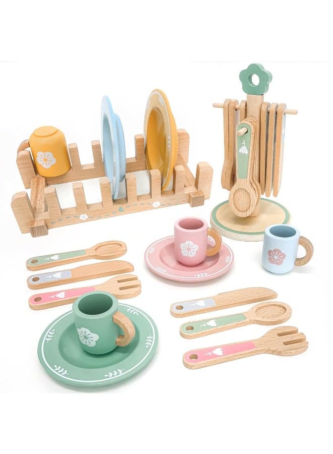 22 PCS Wooden Play Kitchen Accessories Toys for Toddlers 3 Plus Kids Play Kitchen with Cute Cutlery Rack and Dish Rack Montessori Pretend Birthday Gifts for Girls and Boys Educational Kitchen Toy Set