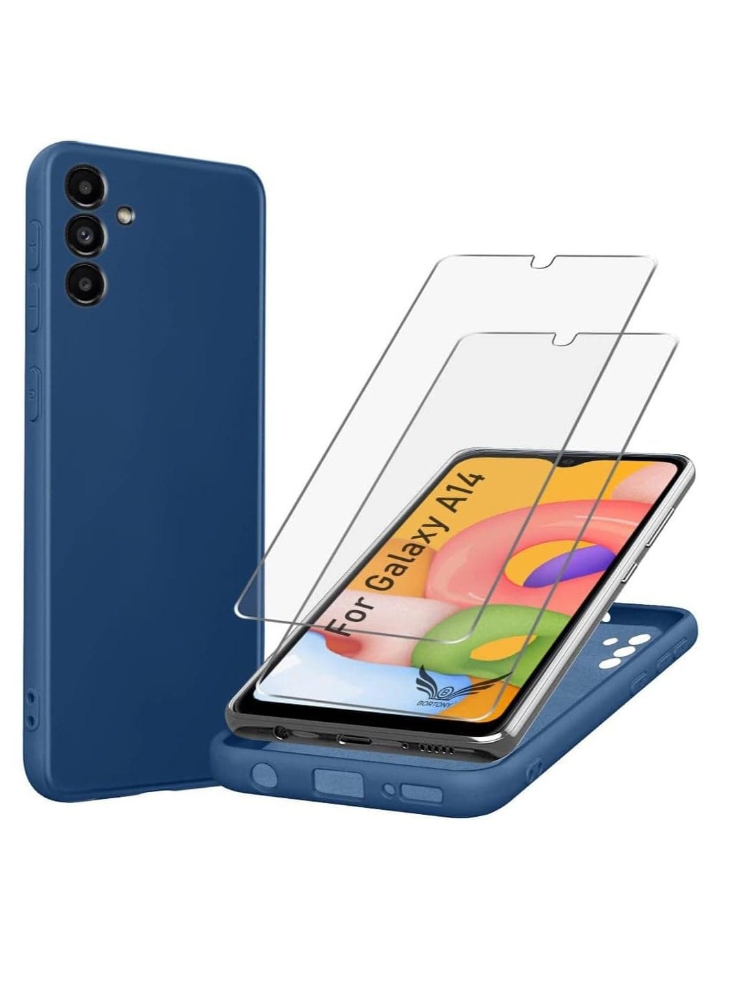 Samsung Galaxy A14 Case with 2 Pack Tempered Glass Screen Protector – Shockproof Soft Liquid Silicone Protective Phone Cover Compatible with Galaxy A14 4G/5G (Blue)