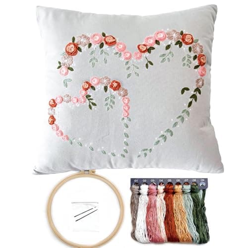 FONNUY Crewel Pillow Case Embroidery Kit Heart Shaped Loving You Floral Stamped Pattern Kits for Audlt Beginners Works Crafts Throw Pillow Cover Great Gift for Loved Ones 18 x 18 Light Grey