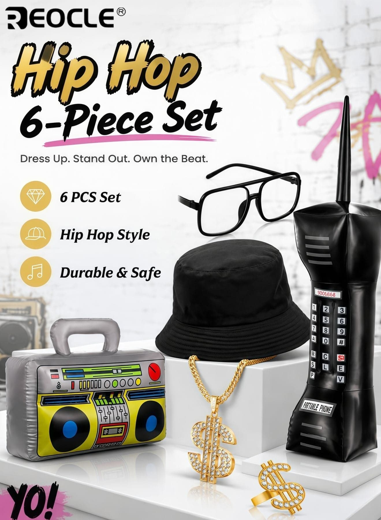 6 Pcs Retro Hip Hop Costume Kit with Inflatable Radio Boombox Toy Phone Costume Necklace Ring Sunglasses and Hat Rapper Dress Up Accessories for Themed Parties and Cosplay Events
