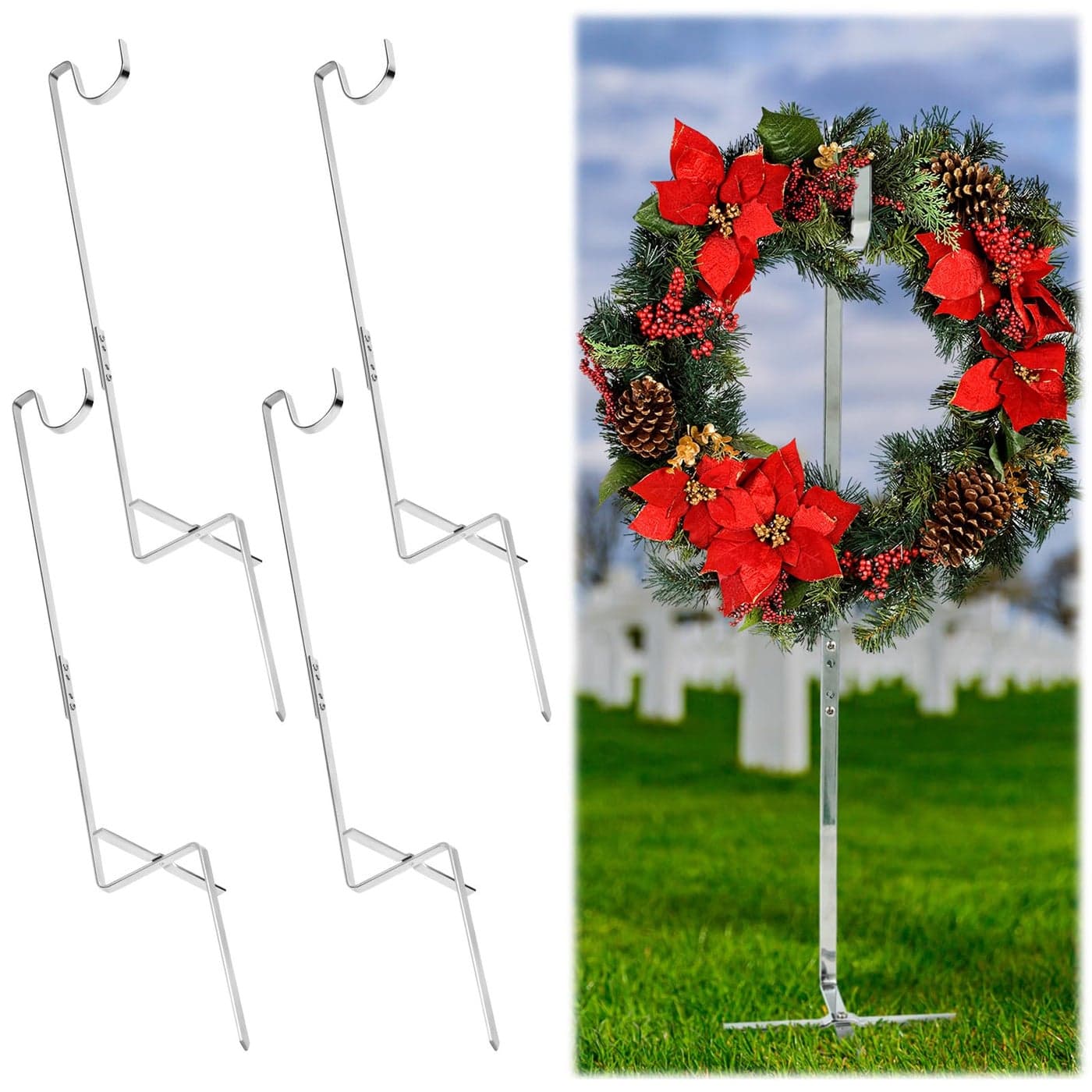 Blulu 4 Pcs Wreath Stands for Cemetery Grave Wreath Holder Stand in Ground Cemetery Flower Holder Headstone Flower Hook Gravestone Hanger for Memorial Day Marker Tombstone Decorations