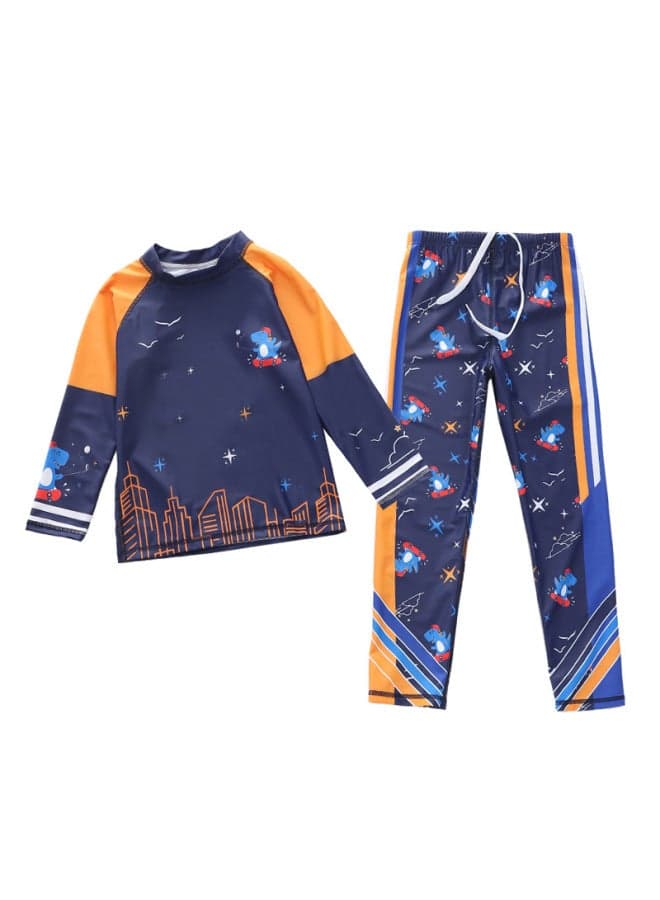 Children's Swimwear Boys' One-piece Long-sleeved Trousers 2-piece Surfing Swimwear Small, Medium And Large Boys' Swimwear-Color:P2418-32MZ Shine-