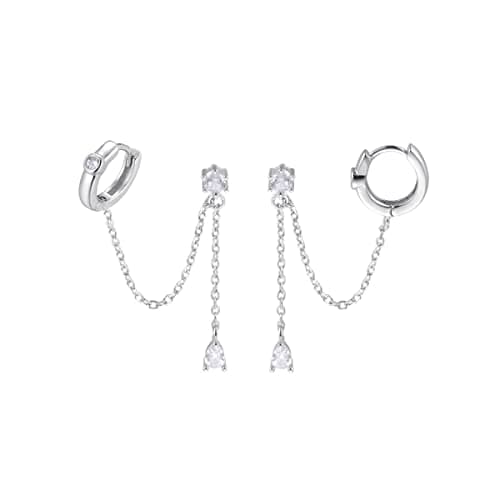 SLUYNZ 925 Sterling Silver Double Piercing Earrings Huggie Cuff Droplet Chain for Women Teen Girls Holes Dangle Cartilage Helix Earrings Chain (A-Silver)