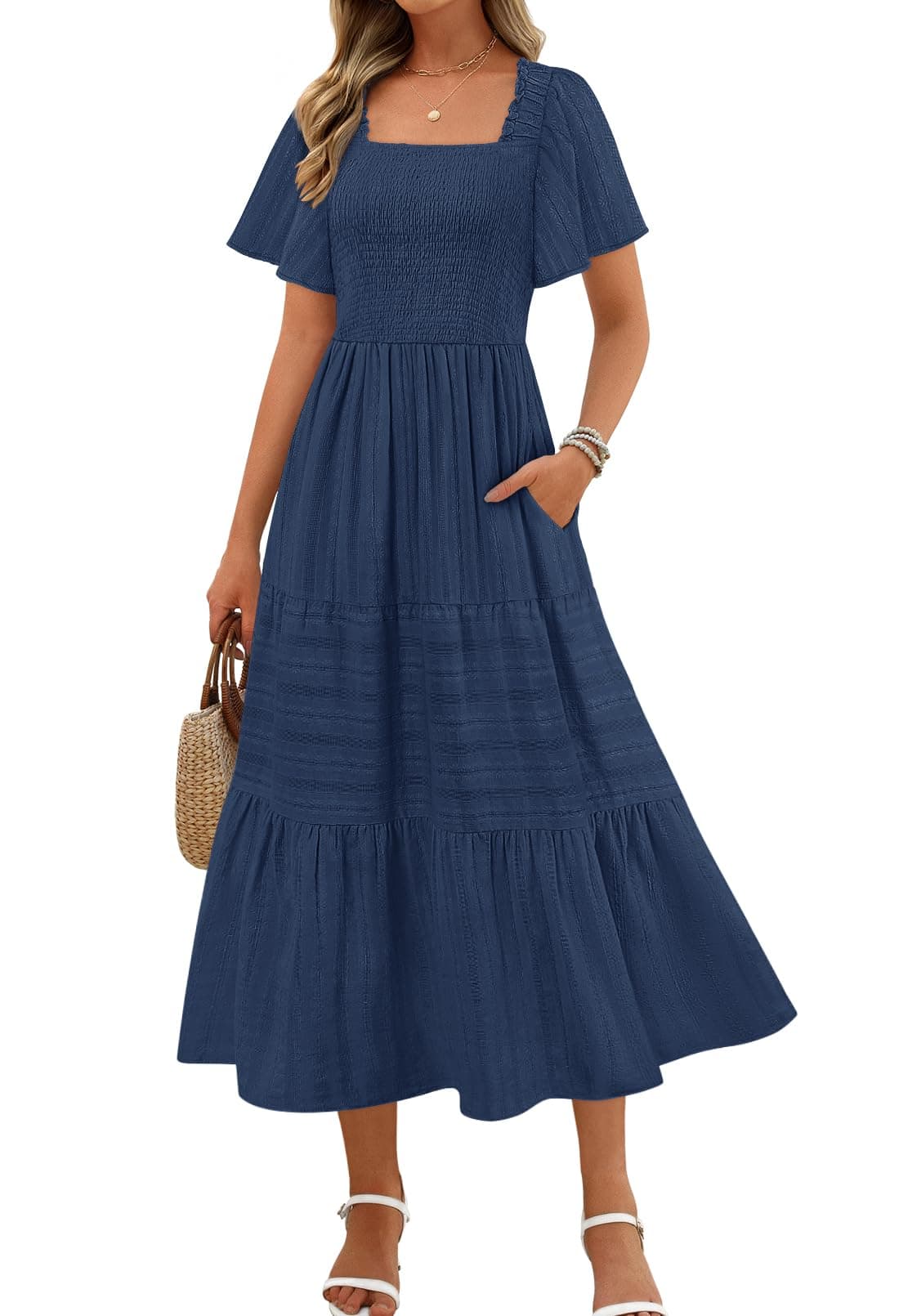 MEROKEETY Womens 2025 Summer Flowy Midi Maxi Dress Short Sleeve Square Neck Smocked Tiered Ruffle Boho Dresses with Pockets Navy XL