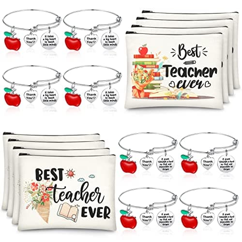 Highergo 16 Pcs Teacher Appreciation Gift Set for Women, 8 Makeup Pouch Cosmetic Bags and 8 Bangle Bracelets, Valentine Graduation Teachers Day Thank You Gifts(Round Style)