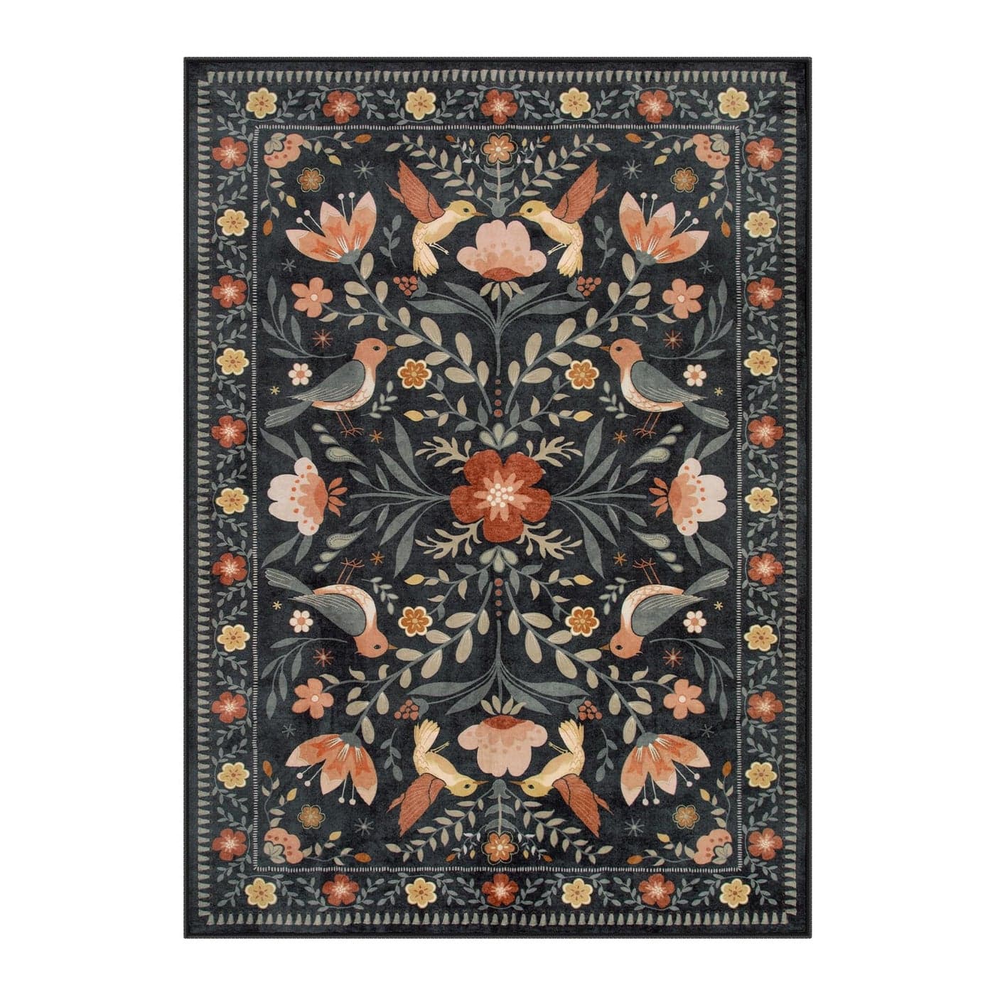 Moynesa Bedroom Rug 5x7 Washable Modern Transitional Black Area Rugs for Living Room Dining Room Farmhouse Floral Bird Print Carpet Folk Art Home Decor Open Floor Areas NonSlip Protection