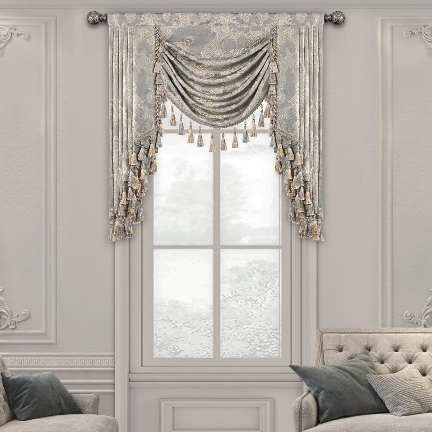 Loom and Mill Luxury Waterfall Valances for Windows Jacquard Thick Swag Waterfall Curtains Valance with Tassels for Living Room Bedroom Party Banquet Decorations Grey W39 Inch 1 Panel