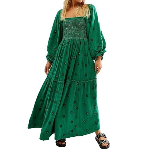 ABYOVRT Women Floral Embroidered Maxi Dress Long Puff Sleeve Square Neck Bohemian Flowy Dress with Pockets Summer Fall (Dark Green,L)