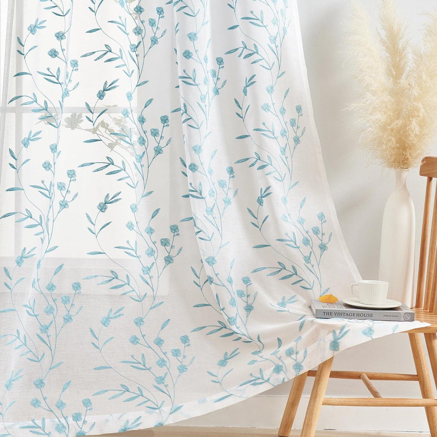 Sheer Curtains Blue 45 Inches Long Floral Embroidery Rod Pocket Voile Drapes for Living room Bedroom Window Treatments Semi Lace Outdoor Curtain Panels for Yard Kitchen Villa Set of 2 52x 45