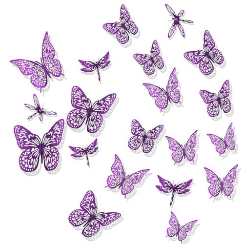Rumhut Butterfly Decorations Dragonfly Wall Stickers 48 Pcs Metal Wall Art for Bedroom Living Room Purple