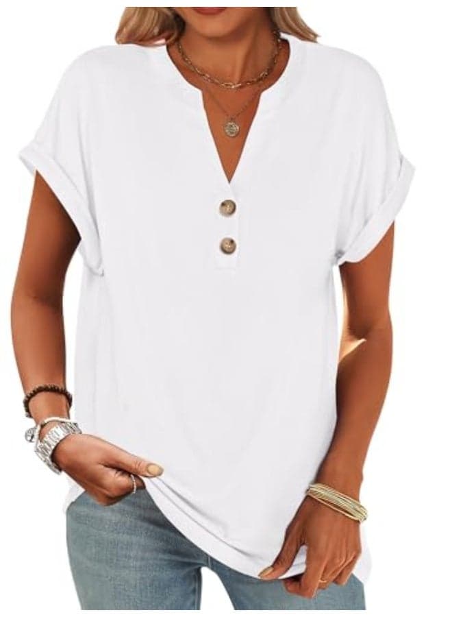 Womens Short Sleeve Henley Tops V Neck Dressy Casual Blouses Summer Trendy Tee Shirts 2025 Vacation Fashion Clothes