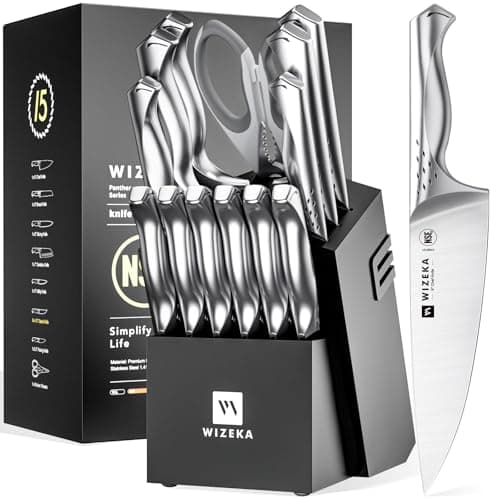 WIZEKA Kitchen Knife Set with Block: Razor Sharp 15 Pcs Professional Chef Knife Set with Knife Sharpener, Food Grade German Stainless Steel Knife Block Set, Jaguar Series