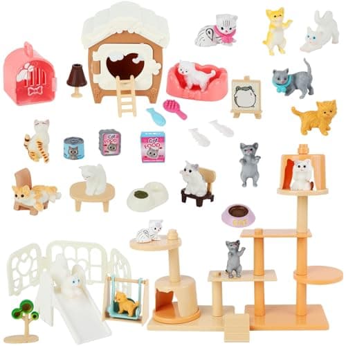 Beupy Cat Figures Playset Toy 40 Pack Pet Pretend Play Toys Realistic Cat Figurines Toys Plastic Cat Care Role Play Educational Learning Playset Home Party Supplies Cake Toppers cat