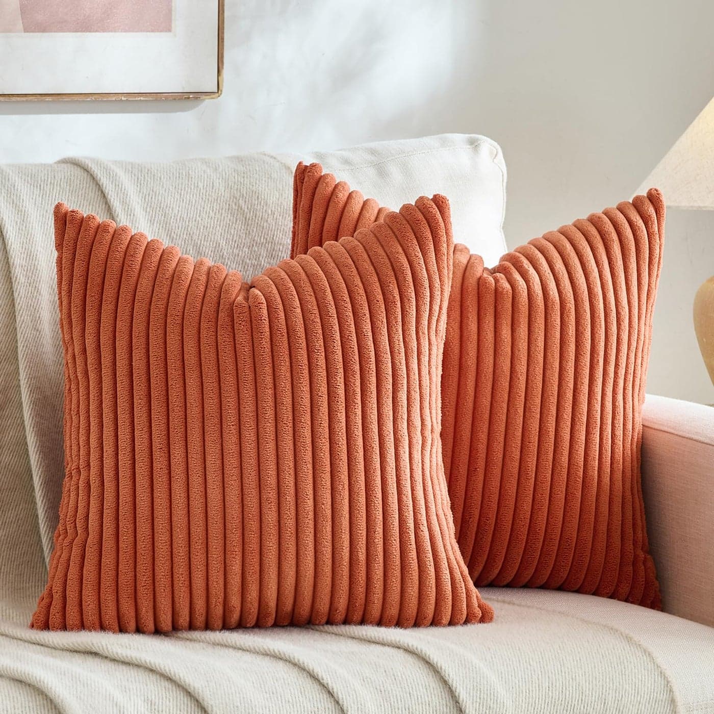 Fancy Homi Set of 2 Burnt Orange Fall Decorative Throw Pillow Covers 16x16 Inch for Couch Bed Sofa Autumn Halloween Thanksgiving Home Decor Soft Plush Corduroy Cute Aesthetic Cushion Case 40x40 cm