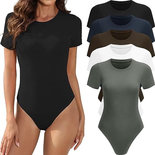 MLYENX 5 Pack Body Suits for Womens Short Sleeve Round Neck Casual Stretchy Basic T Shirt Bodysuit Tops M