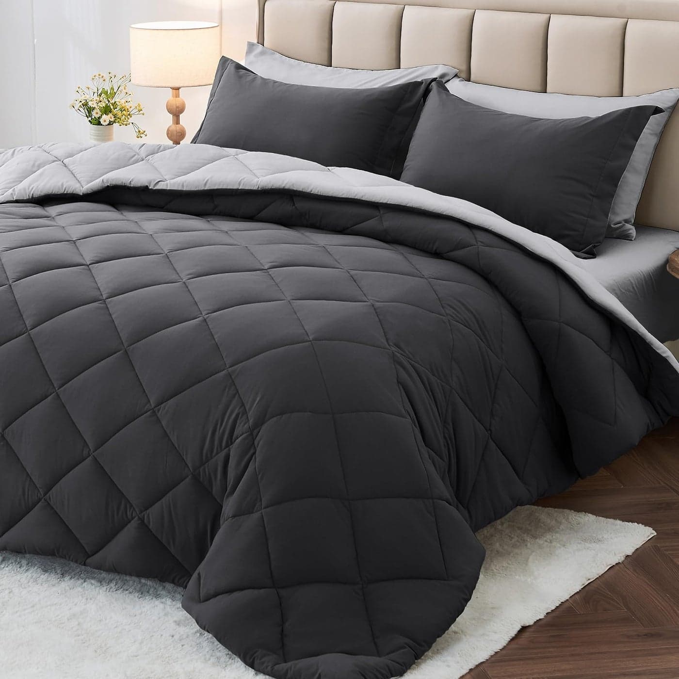 MUXHOMO 7 Pieces Queen Comforter Set Reversible Bed in a Bag Queen Size All Season Bedding Set with Comforter Flat Sheet Fitted Sheet Pillowcases Shams Dark Grey Light Grey
