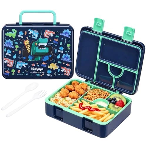 rockpapa 5 Compartment Bento Lunch Box for Kids Leak Proof Dishwasher Safe BPA Free Materials 47oz Snack Bento Box with Utensils Handle for Boys Girls Ages 3 Blue Dinosaur