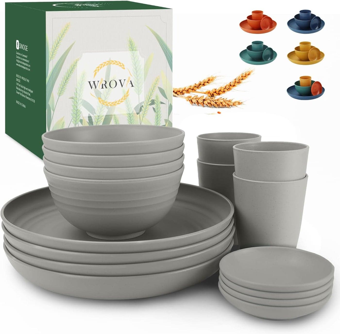 Wheat straw plates and bowls sets of 16 Unbreakable wheat straw dinnerware sets for party Alternative plastic dinnerware set for campingparty and RV Grey