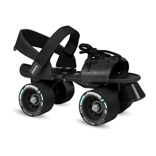 JASPO Razor Adjustable Roller Skates | Unique Ankle Support | 61mm PU Wheels | Anti-Skid Surface | Lightweight | Quad Skates for Kids & Adults (Size 25–31 cm, Age 8+)(Skate Only) Black