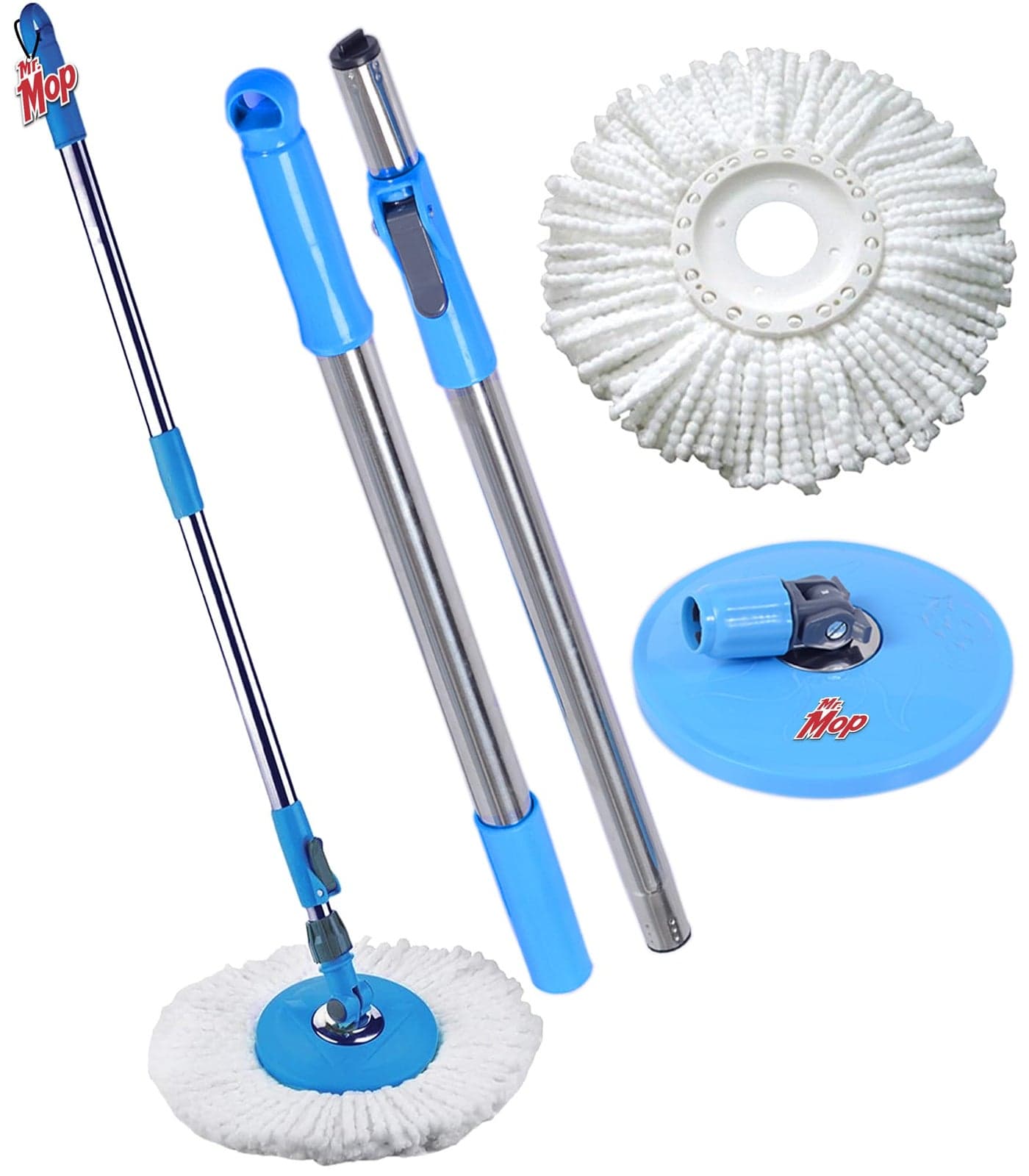 Mr.Mop 360 Degree Spin Universal Mop Stick Rod with 1 Microfiber Refill / Magical Extendable Handle Pocha for Floor Cleaning - Heavy Rod