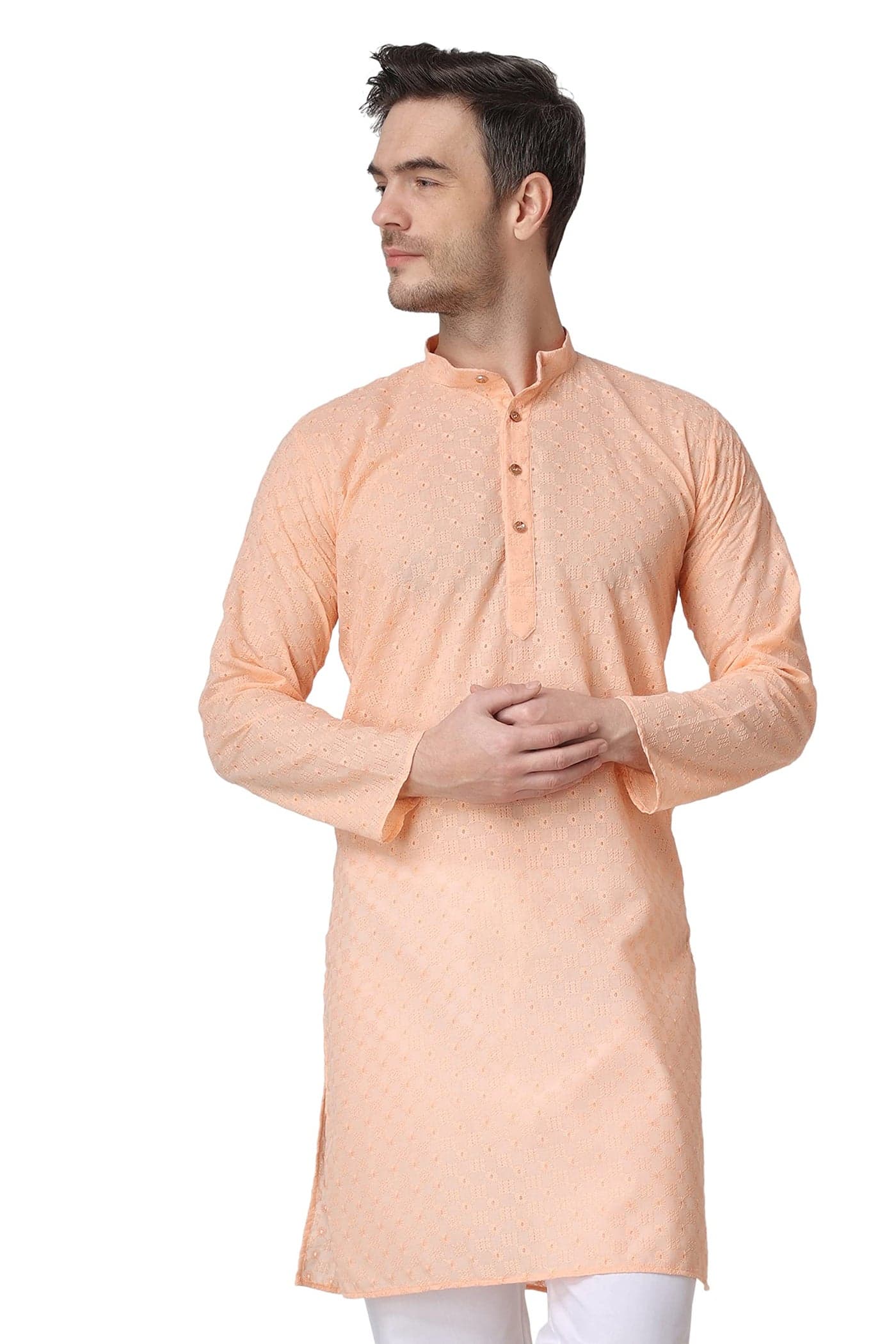 Royal Kurta Men's Peach Color Cotton Chikankari Work Kurta (Size-44)