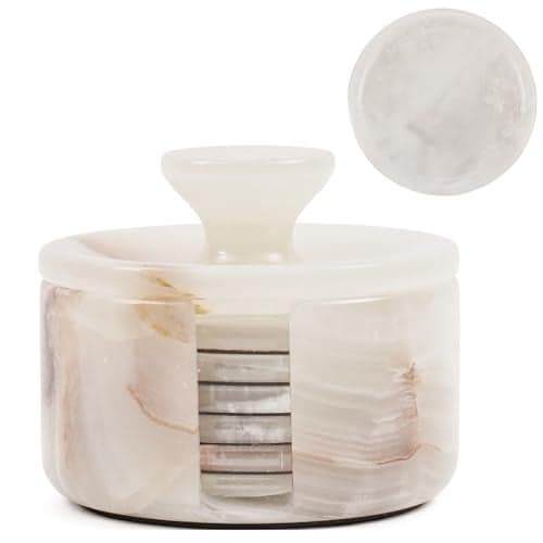 Earthen Crafts Marble Coasters Set of 6 Round Handmade 35 Inches Cream Onyx Stone Coaster for Drinks with Holder Lid Ideal for Dining Table Coffee Table and Office Desk
