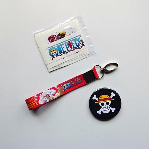 TenorArts Luffy Keychain Gift Box Merchandise - 1 Keychain, 1 Badge, 7 Multi sized One Piece Stickers - 3 items in 1 Box | Perfect for Gifting Anime Fans