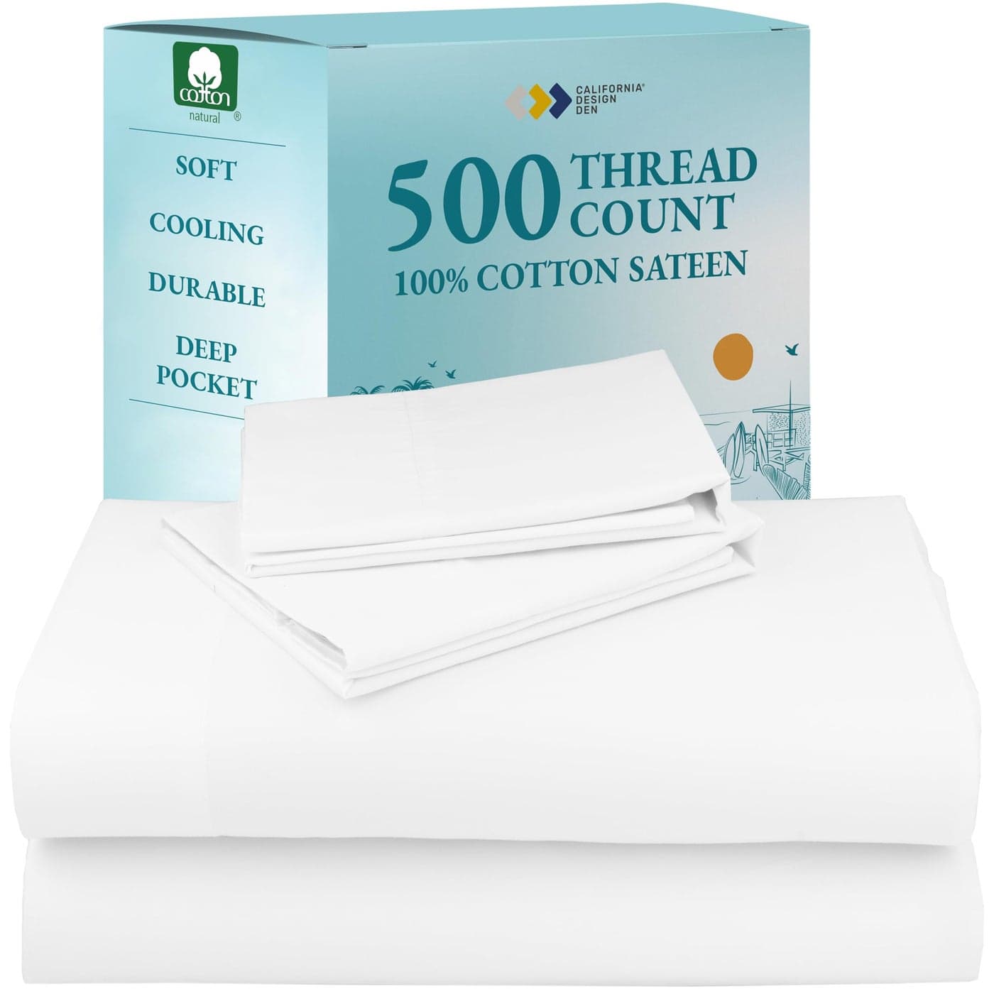 California Design Den California King Size Sheet Set 100 Cotton 500 Thread Count Sateen Cooling Deep Pocket Bed Sheets with Fitted Elastic Sheet Extra Soft Luxury Hotel Quality White